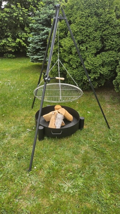 GRILL TRÓJNÓG OGRODOWY nad ognisko ruszt nierdzewny palenisko komplet